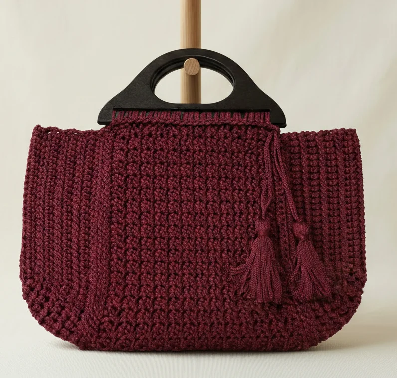 ბორდოსფერი ჩანთა ხის სახელურით